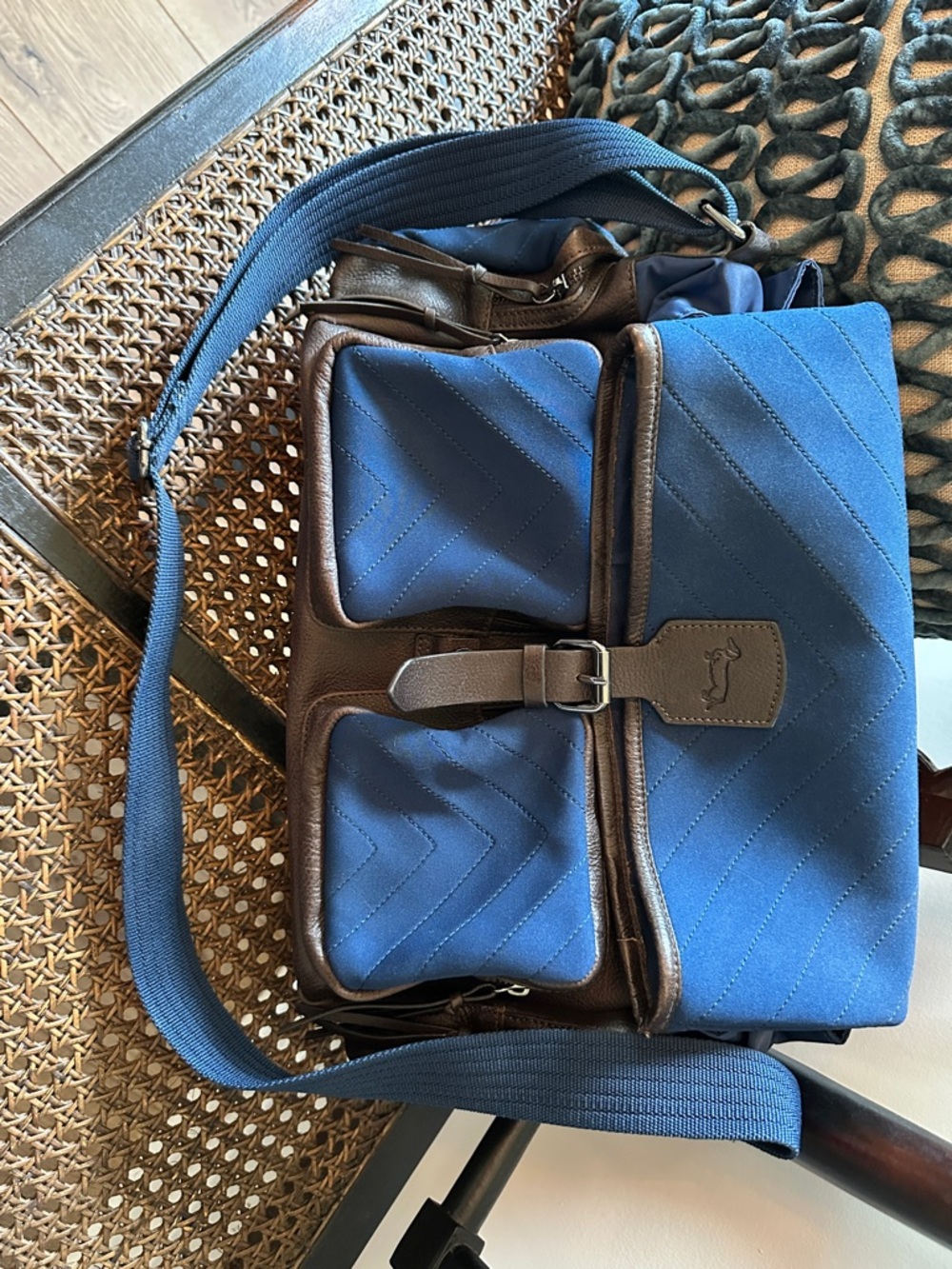 Harmont & Blaine Navy Blue quilted and Brown leather Messenger Bag